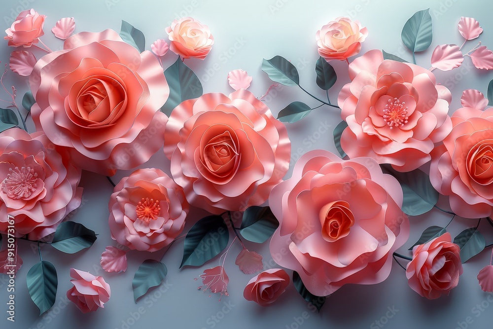 A modern 3D floral pattern featuring abstract roses in Pastel Pea monochrome, bordered neatly with generous copy space for text A modern 3D floral pattern featuring abstract roses in Pastel Pea monochrome, bordered neatly with generous copy space for text