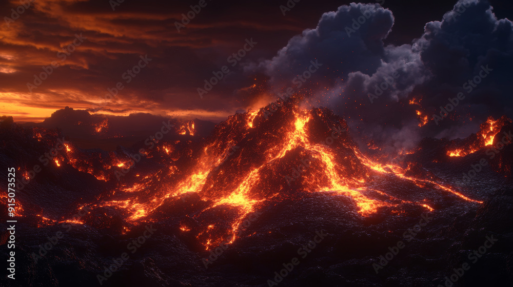 Volcanic lava shines bright at night, lighting up the darkness. Volcanic lava shines bright at night, lighting up the darkness.