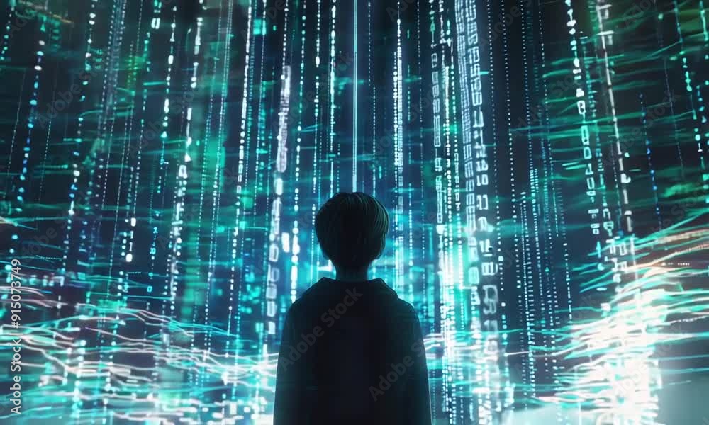 boy on binary code background in digital world