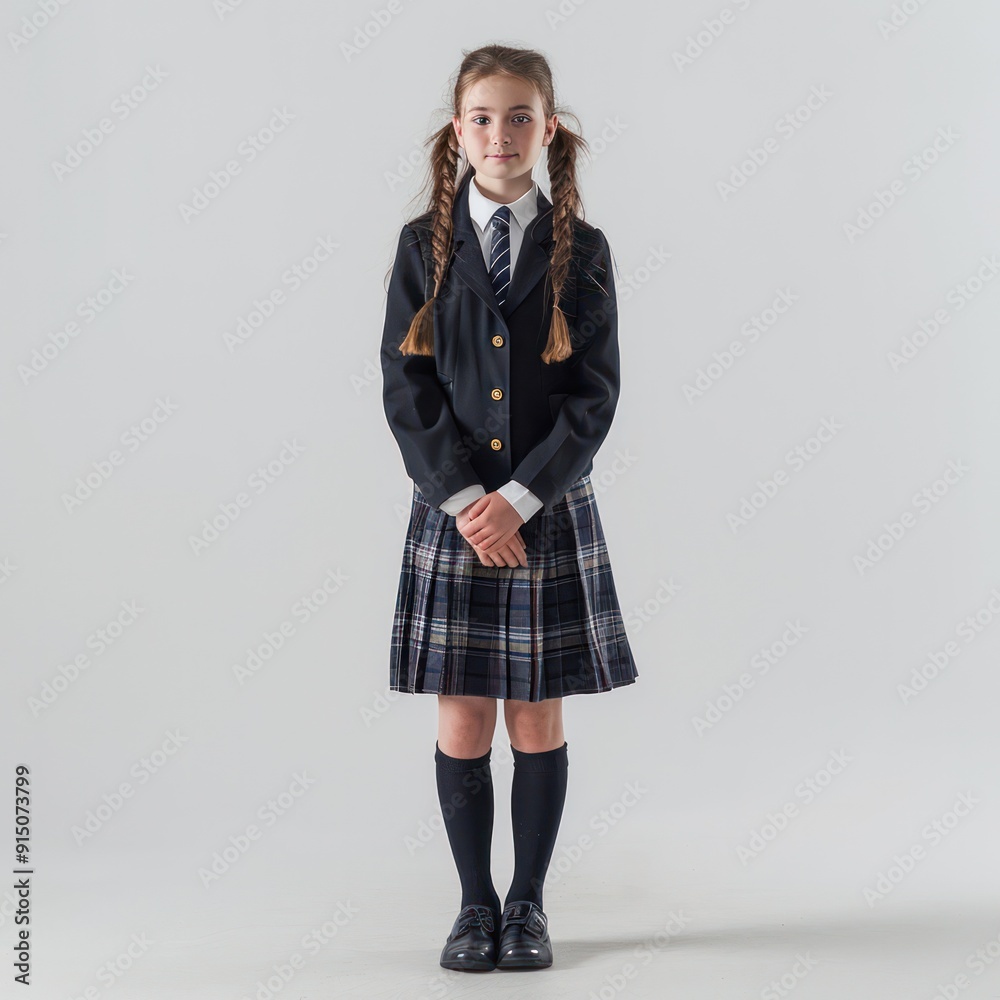 Full body image of person wearing school uniform on white background. Full body image of person wearing school uniform on white background.