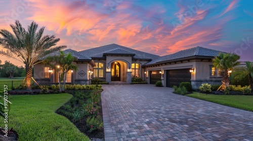 A beautiful modern luxury house with a brick driveway, illuminated palm trees, and a vibrant sunset sky, creating a picturesque and serene suburban ambiance.