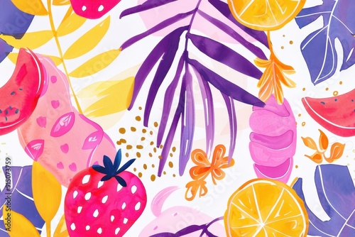 Tropical Fruit Watercolor Illustration Seamless Pattern
