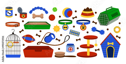 Pet goods. Dog or cat icon food, toy and house, care vet, animal bed and accessory. Kitten and puppy training, canine supplies cage stuff. Veterinary store. Vector zoo tidy object, cartoon flat style