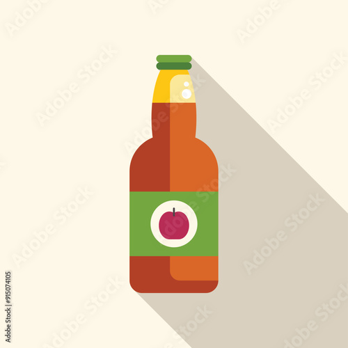 Glass bottle containing carbonated apple juice with a long shadow
