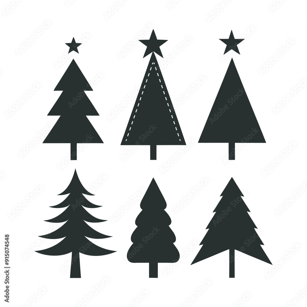 Obraz premium Christmas Tree Silhouette Set Festive Tree Icons for Holiday Designs, Black and White Christmas Tree Silhouettes 