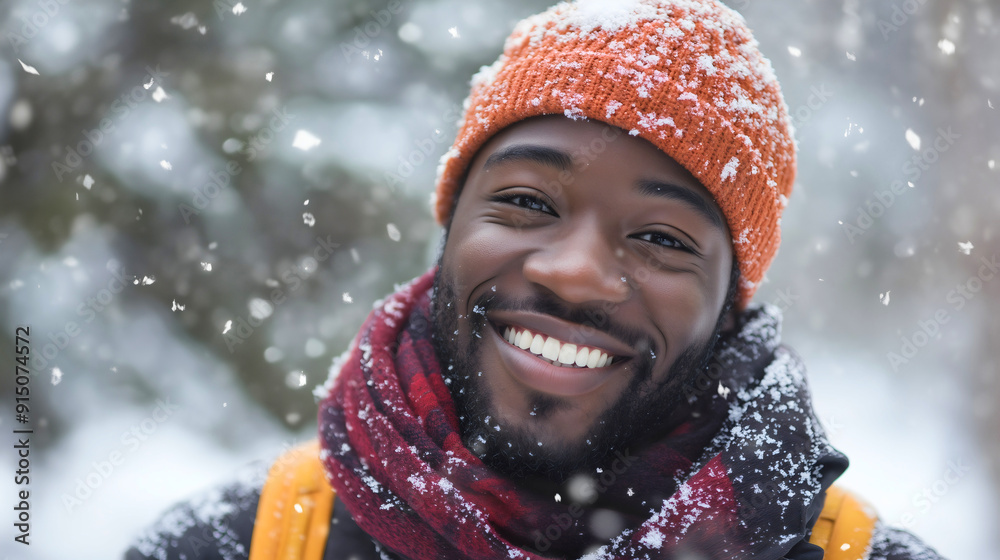 Portrait of a smiling, happy, and cheerful African American man, a joyful and positive guy, dressed in winter clothing, enjoying the snowfall outdoors in nature during the cold season, tourism Portrait of a smiling, happy, and cheerful African American man, a joyful and positive guy, dressed in winter clothing, enjoying the snowfall outdoors in nature during the cold season, tourism