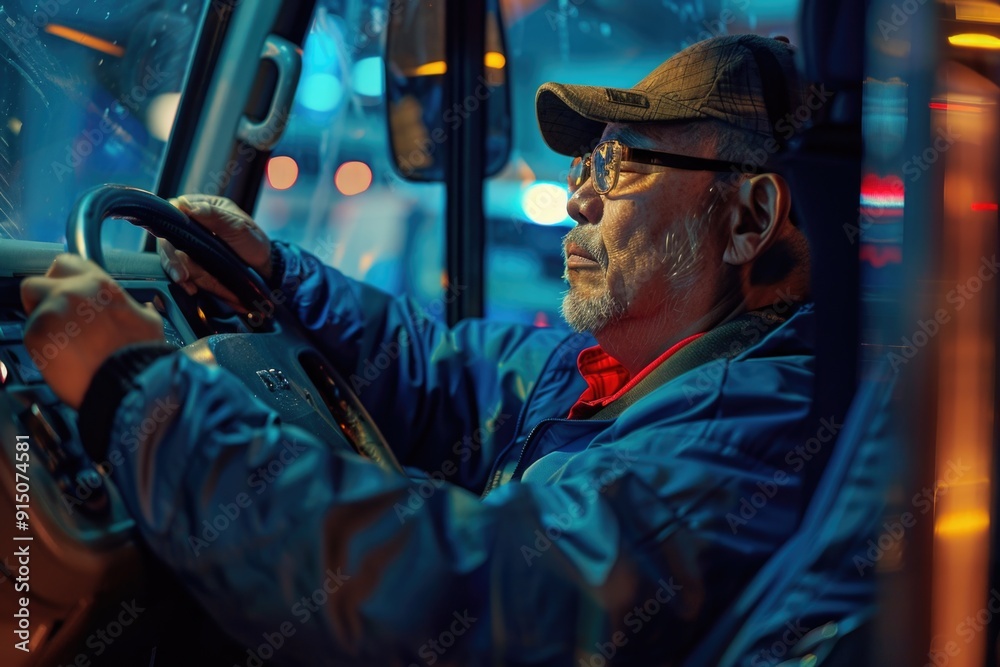 A man drives a bus through the night, headlights shining bright A man drives a bus through the night, headlights shining bright