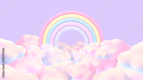 3d rendered cartoon rainbow on pastel clouds.