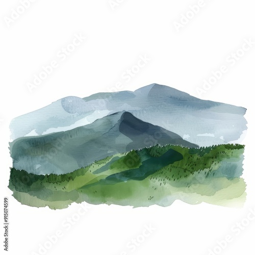 Watercolor painting of a distant mountain range, on isolated white background