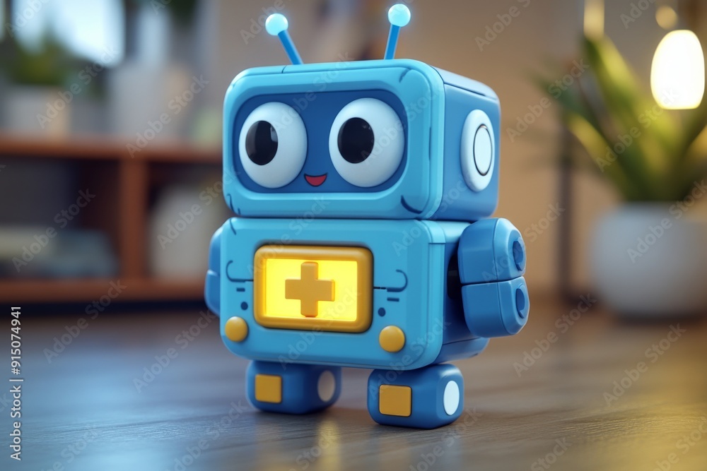 Fototapeta premium Cute Blue Robot Character Standing Amongst Gears Illustrating Playful Aspects of Robotics.