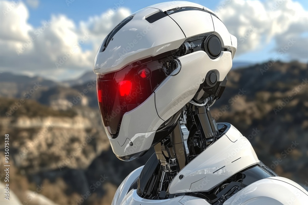 Fototapeta premium Futuristic Helmeted Robot Overlooking a Vast Landscape Symbolizing Exploration and the Expansion of Robotics into New Frontiers.