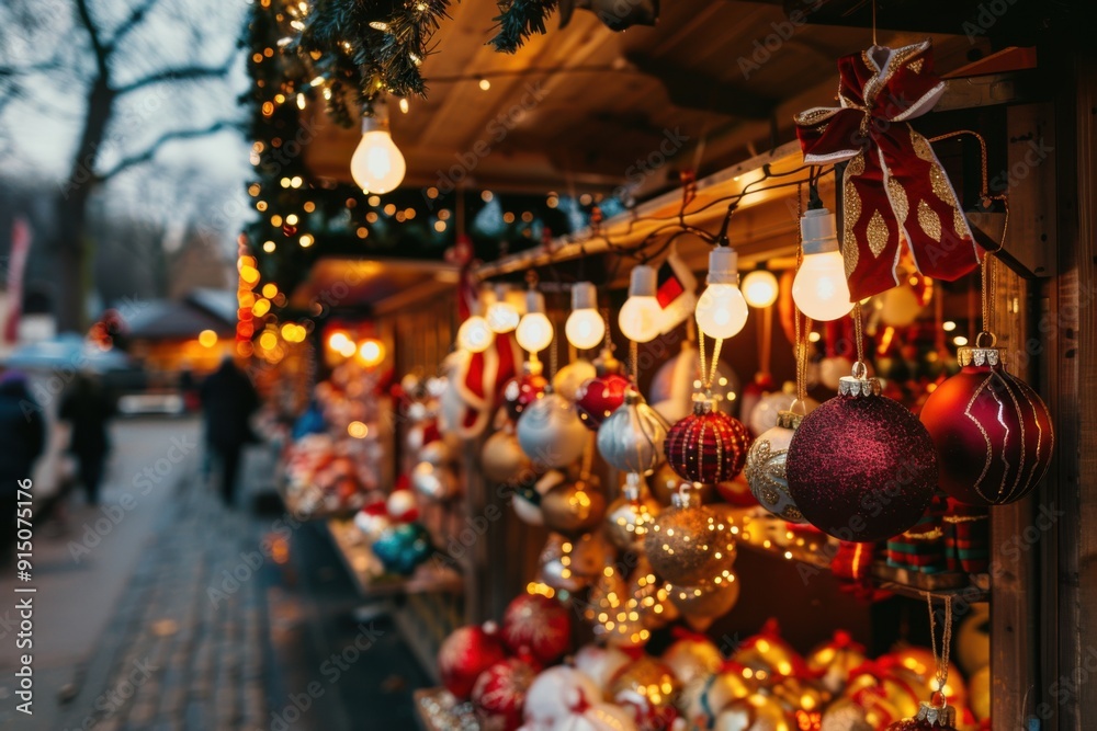 Naklejka premium Festive Christmas Market Stall with Ornaments and Lights Creating a Cozy Holiday Atmosphere for Winter Shopping and Celebration