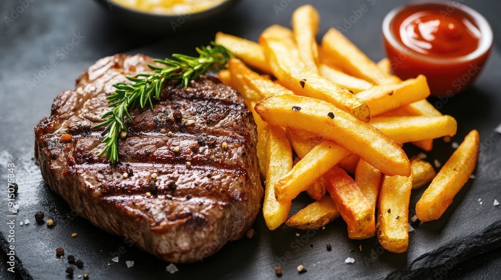 Delicious grilled beef steak paired with French fries, creating a classic and mouthwatering meal. Delicious grilled beef steak paired with French fries, creating a classic and mouthwatering meal.