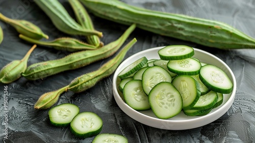 view of lady finger with slices in small white plate and whole pods photo