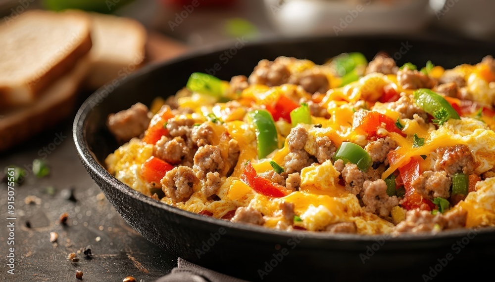 Scrambled eggs with sausage, peppers, and cheese in a skillet. Scrambled eggs with sausage, peppers, and cheese in a skillet.