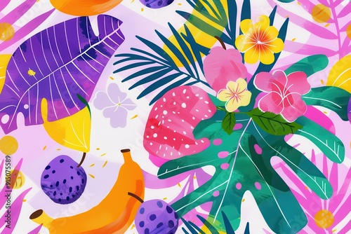 Abstract Illustration of Tropical Fruits and Flowers with Leaves