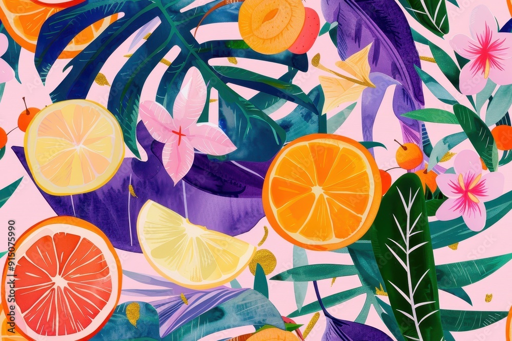 Tropical Fruit and Leaves Illustration Tropical Fruit and Leaves Illustration