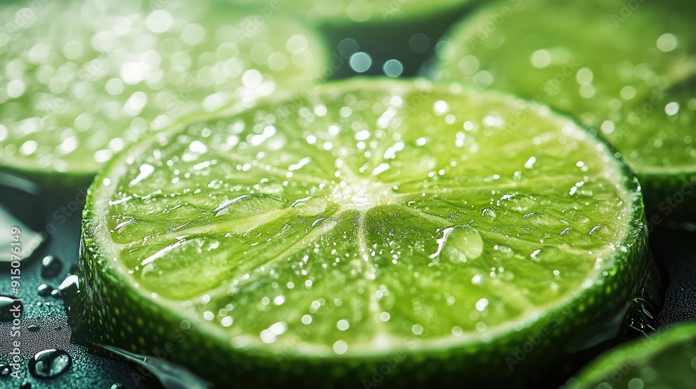 Fresh lime slices with water drops, shown in a close-up, with ample space for advertising or text.