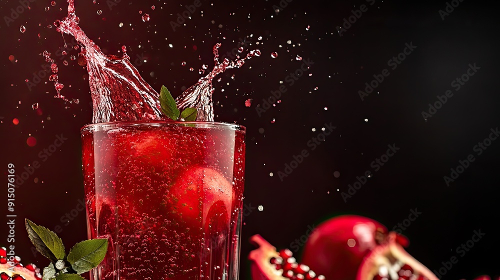 Fresh pomegranate juice splashing in a glass, with space for advertising messages, ideal for promoting a refreshing drink. Fresh pomegranate juice splashing in a glass, with space for advertising messages, ideal for promoting a refreshing drink.