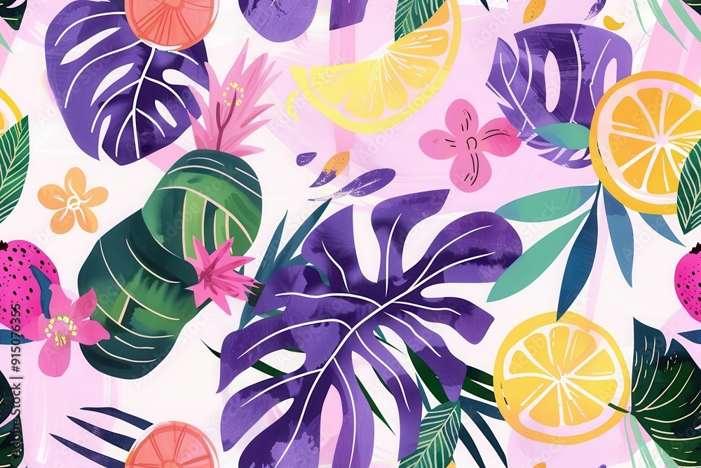 Naklejka premium Tropical Illustration with Purple Leaves and Bright Fruits