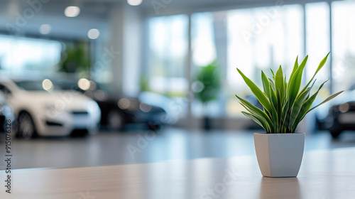 Focused Plant on Reception Desk, Blurred Cars Highlight Modern Dealership Setting