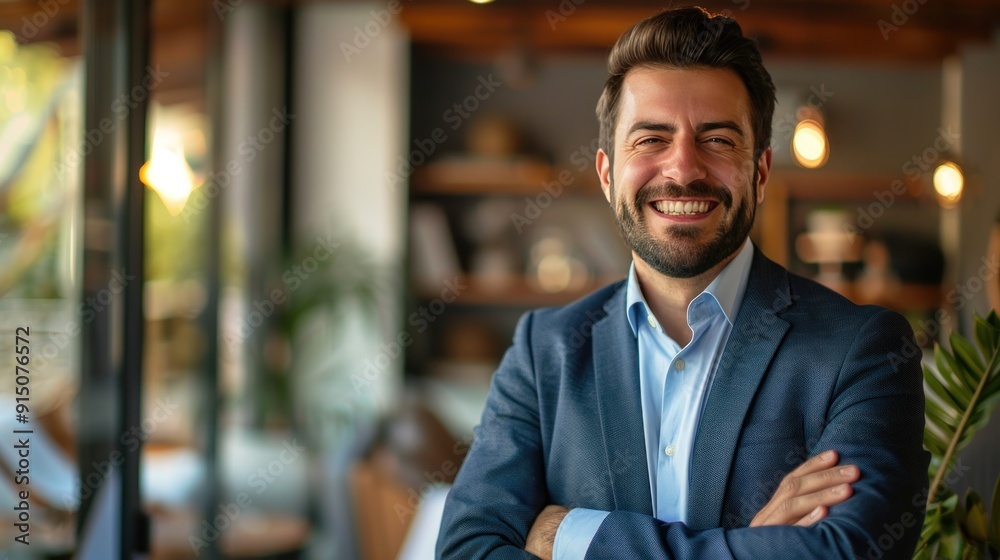 A well-dressed man with a confident smile stands with his arms crossed in a bright and modern office, exuding success and professionalism in a contemporary workspace. A well-dressed man with a confident smile stands with his arms crossed in a bright and modern office, exuding success and professionalism in a contemporary workspace.
