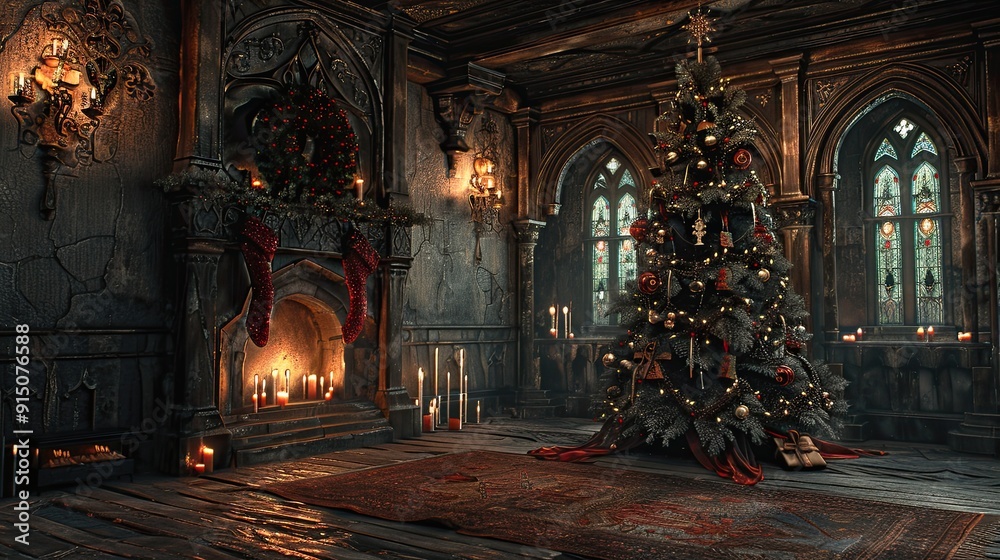 Obraz premium Gothic-inspired Christmas tree decorated with dark velvet ribbons and ornate black lace, against a medieval castle interior with candlelit sconces