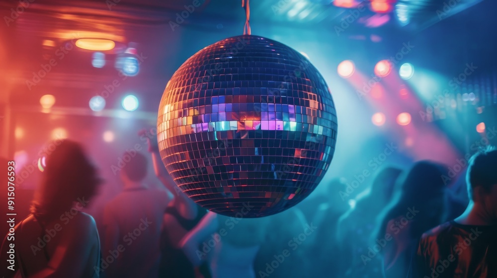 Obraz premium A bustling nightclub scene with a dazzling disco ball, multi-colored lights, and people dancing energetically, embodying nightlife exuberance.