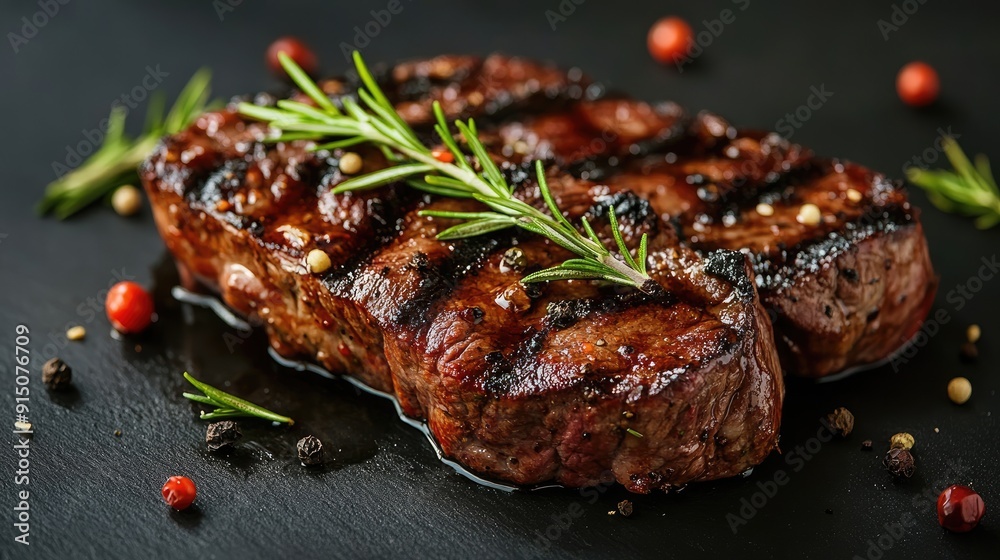 Juicy grilled beef garnished with fresh rosemary, creating a mouthwatering and aromatic dish. Juicy grilled beef garnished with fresh rosemary, creating a mouthwatering and aromatic dish.