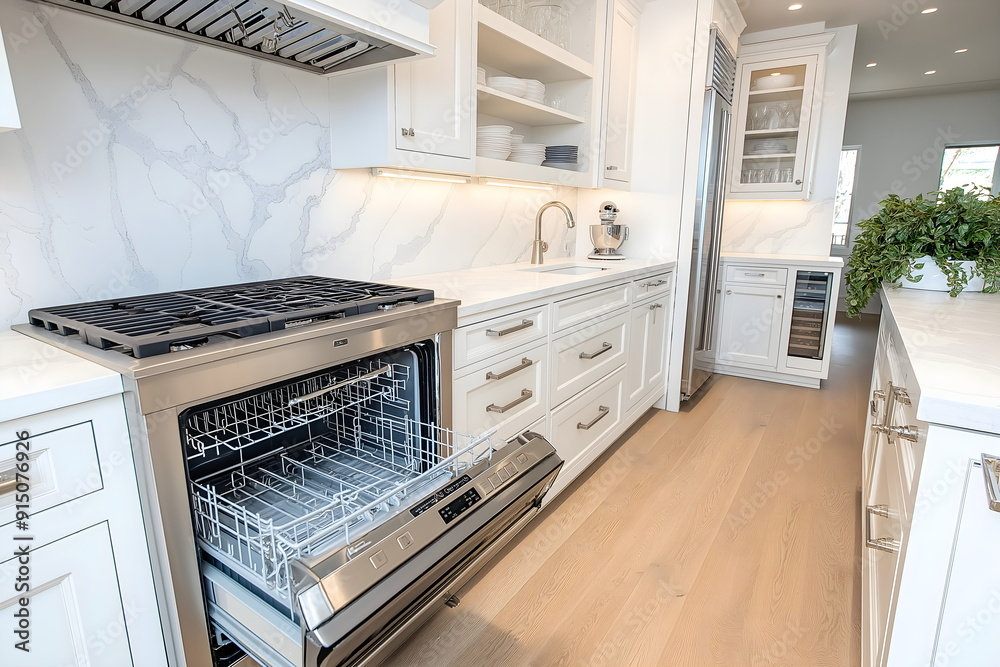 Kitchen maintenance: pristine white cabinetry with open dishwasher, cleaning solutions in contemporary home design Kitchen maintenance: pristine white cabinetry with open dishwasher, cleaning solutions in contemporary home design