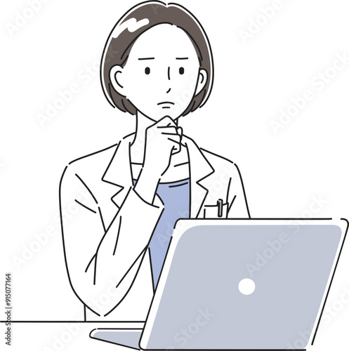困った表情でノートパソコンを見る白衣姿の女性医師のイラスト素材