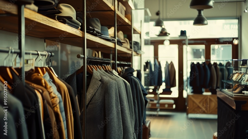 A stylish clothing store featuring a neat arrangement of jackets and hats in a well-lit, modern interior. A stylish clothing store featuring a neat arrangement of jackets and hats in a well-lit, modern interior.