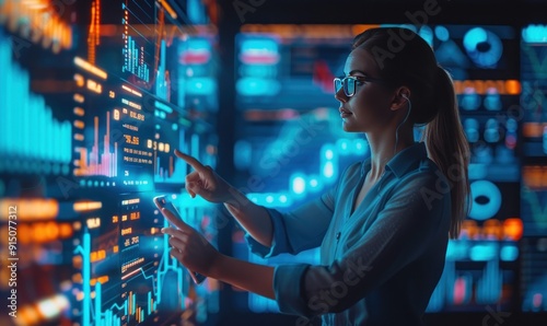 Woman Interacting with a Digital Data Wall