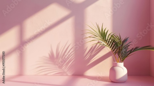 minimalist 3d render cylinder frame with palm shadow on pastel wall