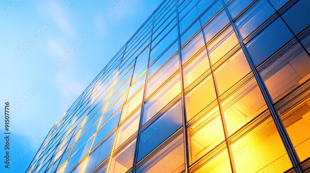 Fototapeta premium Modern glass skyscraper reflecting the evening sky.