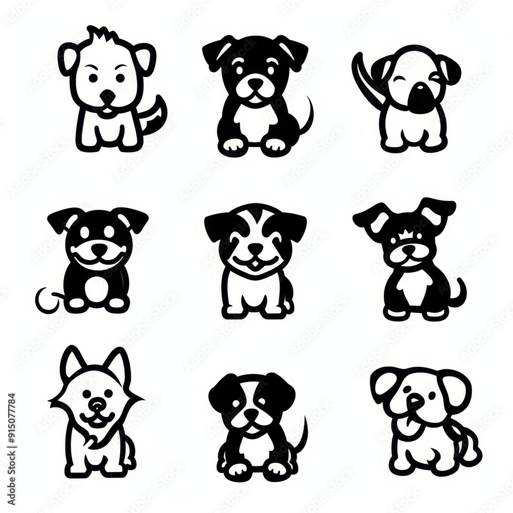 Cute dog icon set, pet animal flat silhouette, puppy icons, funny dog character pictogram, minimal woof sign Cute dog icon set, pet animal flat silhouette, puppy icons, funny dog character pictogram, minimal woof sign