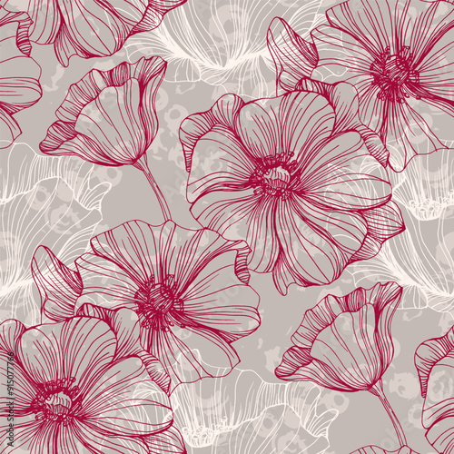 Seamless pattern with summer poppy field flowers. Wildflowers endless pattern in trendy style. Meadow floral illustration. Blooming hellebore poppy flowers seamless pattern.