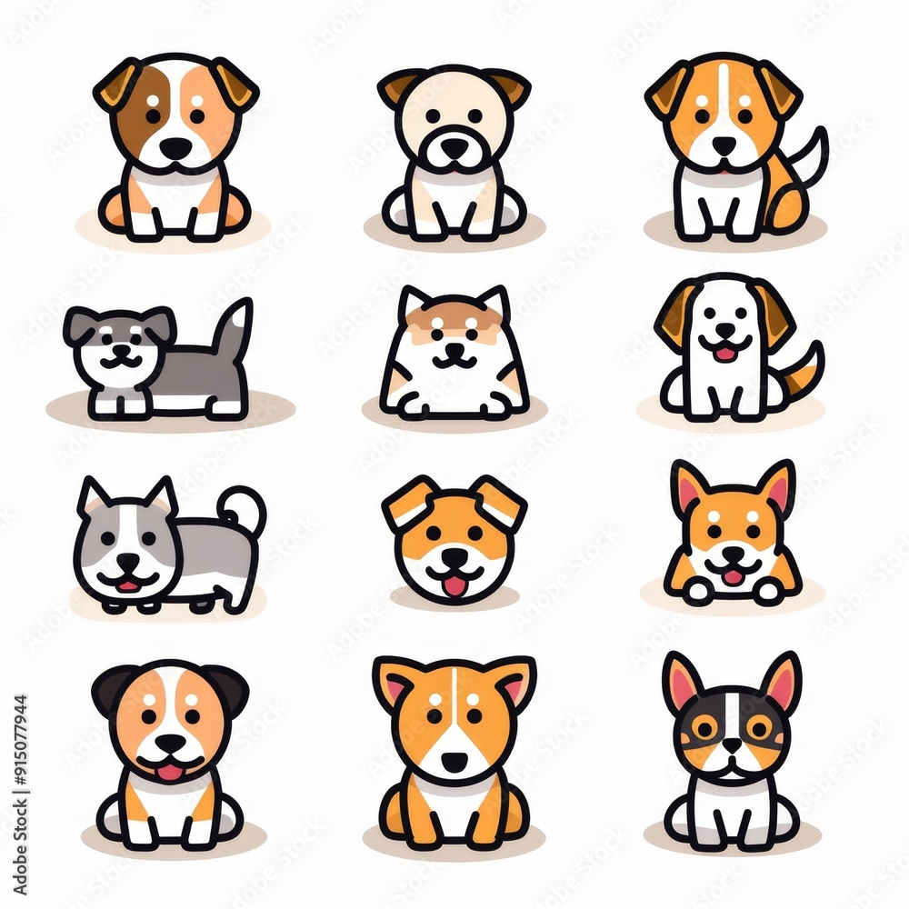 Cute dog icon set, pet animal flat symbols, puppy icons silhouettes, funny dog character pictogram Cute dog icon set, pet animal flat symbols, puppy icons silhouettes, funny dog character pictogram