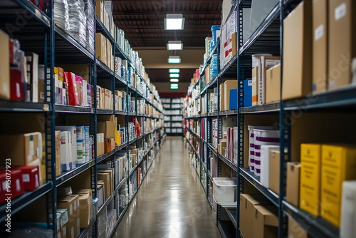 Organized warehouse shelves with colorful boxes and files for inventory management and storage solution concept