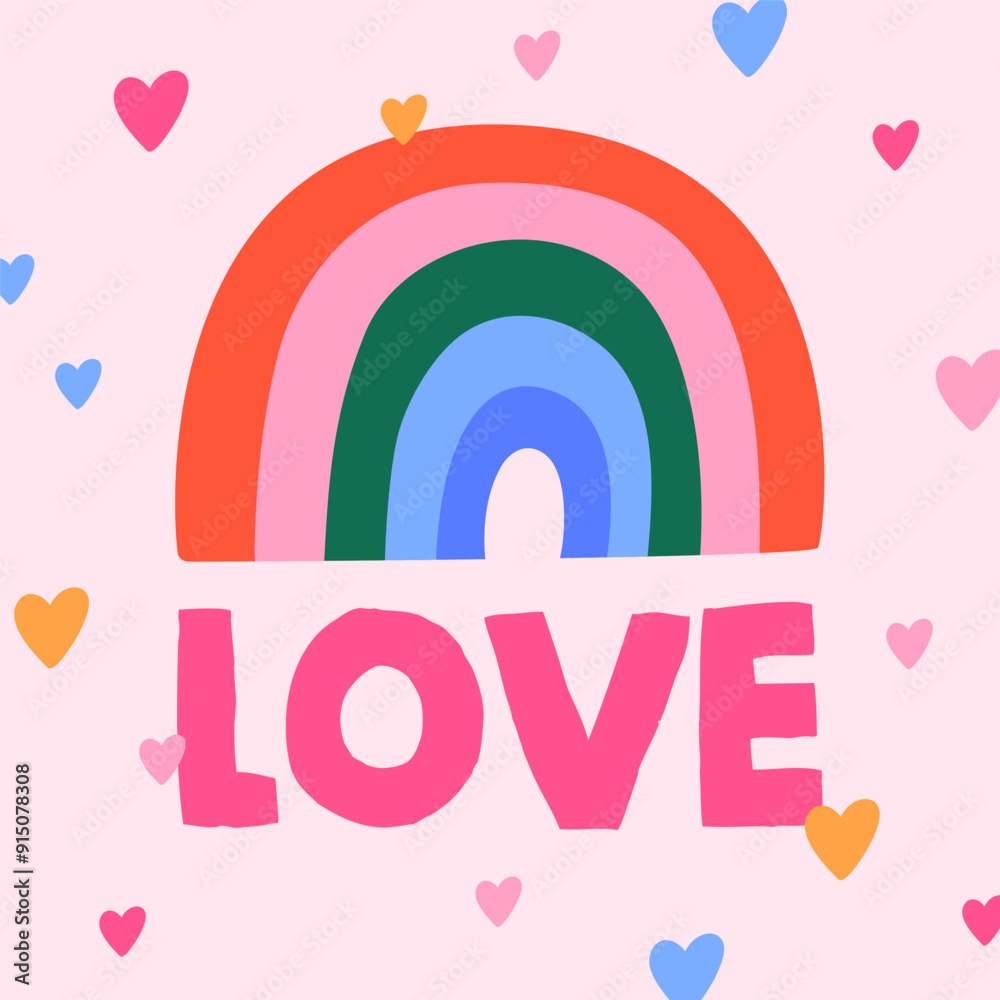 Fototapeta premium Love card design. Cute funny rainbow, romantic LGBT postcard for Valentine's day. Square shape background, colorful hearts in modern trendy doodle style. Childish flat graphic vector illustration