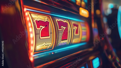 Detailed Close-Up of a Bright Casino Slot Machine Displaying a Win