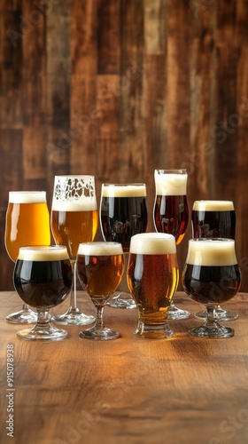 Diverse Array of Beer Glasses: A Wooden Surface Showcase of Varieties and Colors, Perfect for Craft Beer Articles, Brewery Promotions, or Beverage Industry Advertising. photo