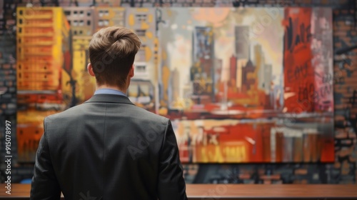 A man in a suit stands facing a large modern abstract cityscape painting in a gallery, with vibrant colors and urban elements, creating a contemplative atmosphere. photo