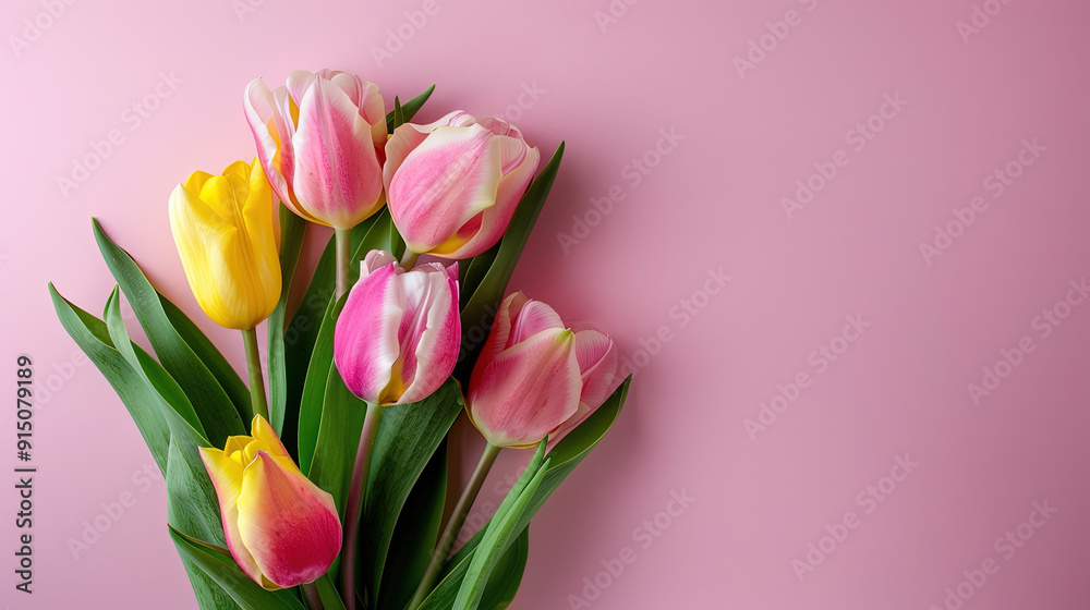 Fototapeta premium Bouquet of tulips on pink background with copy space. Mother day, valentine, and birthday poster and cover card.