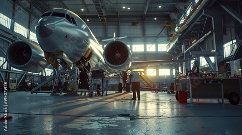 Wallpaper Mural An aircraft in a spacious, sunlit hangar under maintenance, highlighting the intricacies and scale of aviation engineering. Torontodigital.ca