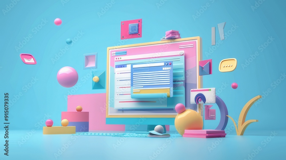 Concept of assembling a web page from modules that fly around the display. The web design studio concept page is on the display Concept of assembling a web page from modules that fly around the display. The web design studio concept page is on the display