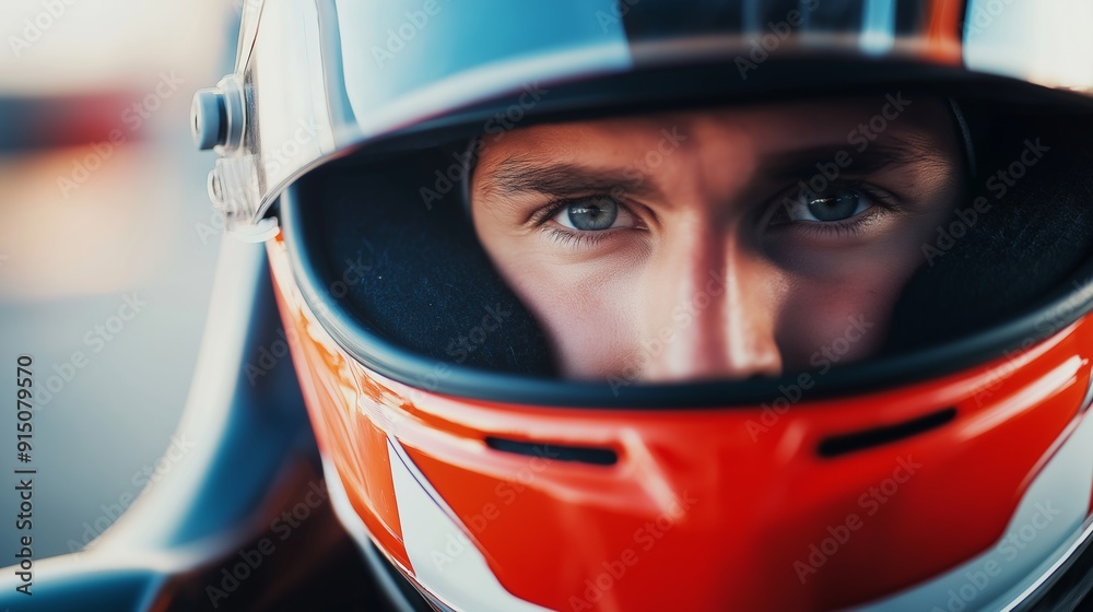 Front view of an extreme close-up portrait of a focused race car driver in helmet Front view of an extreme close-up portrait of a focused race car driver in helmet