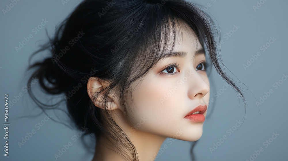 Korean Woman with elegant hairstyle and soft makeup poses against a neutral background in a serene, introspective moment Korean Woman with elegant hairstyle and soft makeup poses against a neutral background in a serene, introspective moment