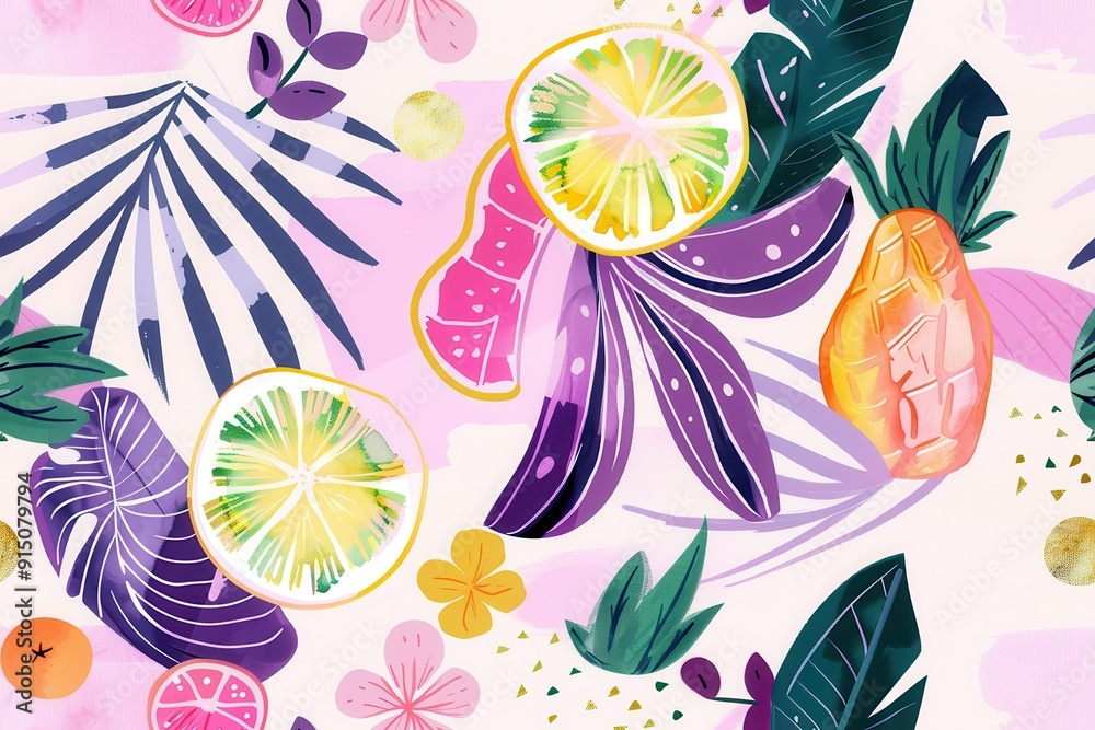 Tropical Fruit and Leaves Illustration Tropical Fruit and Leaves Illustration