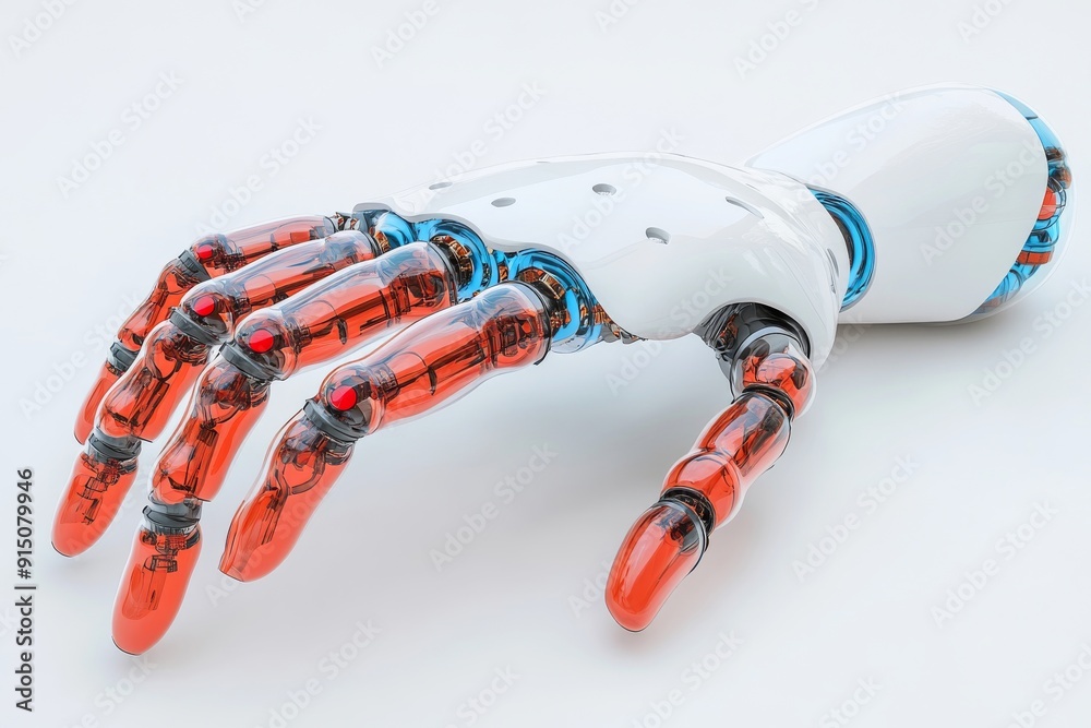 Close up of a White Robotic Hand with Red Pills Focused on Pharmaceutical Precision